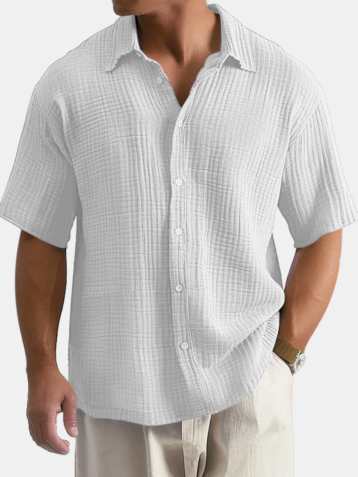 Men's Cotton Hawaiian Summer Comfortable Solid Color Short Sleeve Shirt