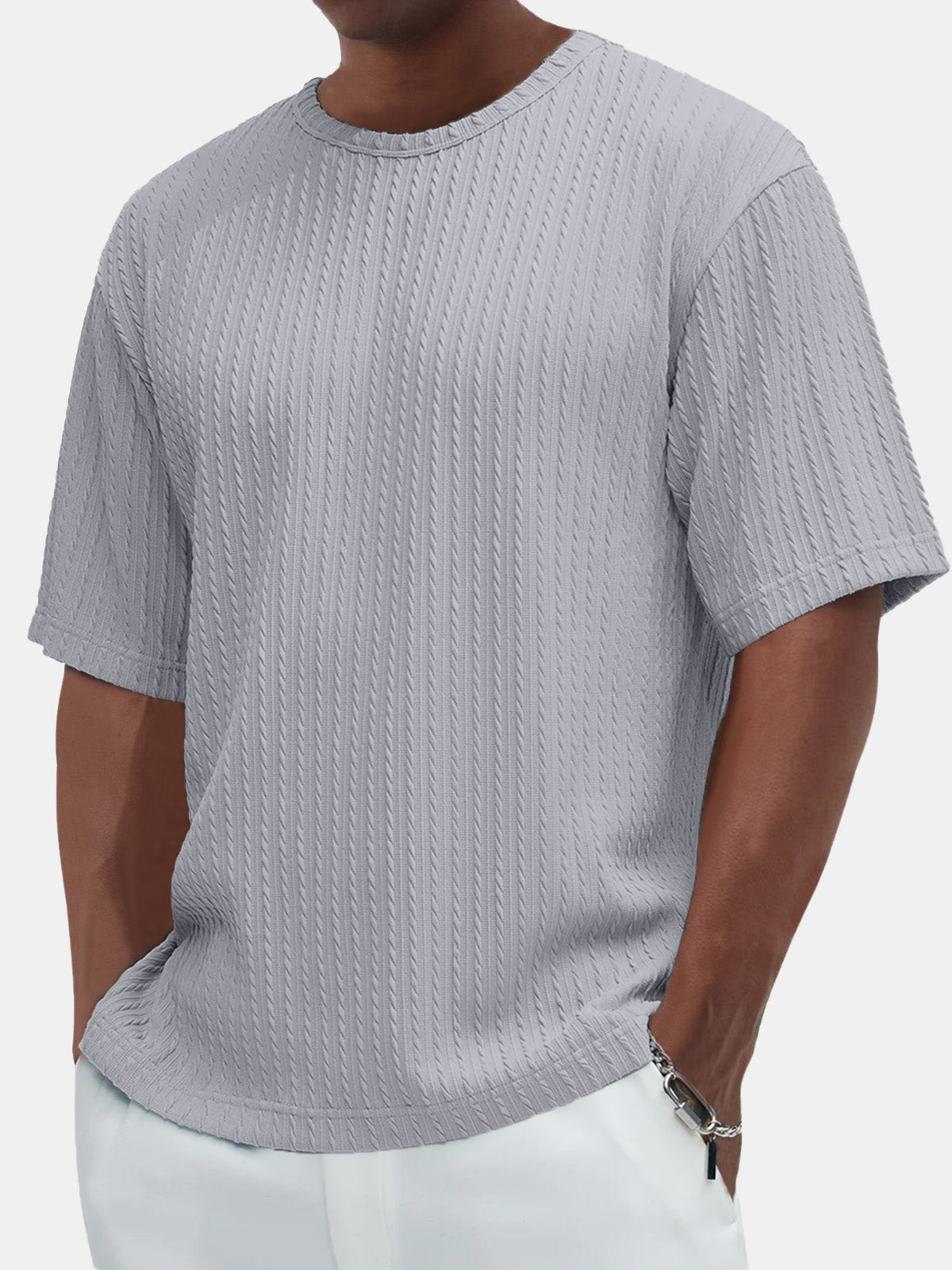 Men's Cotton Casual Basic Jacquard Texture Short-sleeved T-shirt