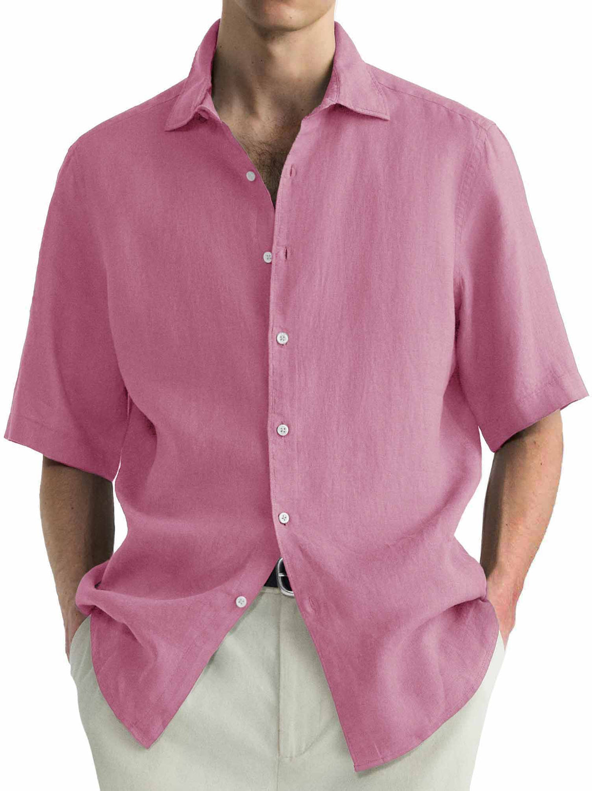 Men's Cotton Hawaiian  Summer Comfortable Casual Basic Solid Color Short Sleeve Shirt