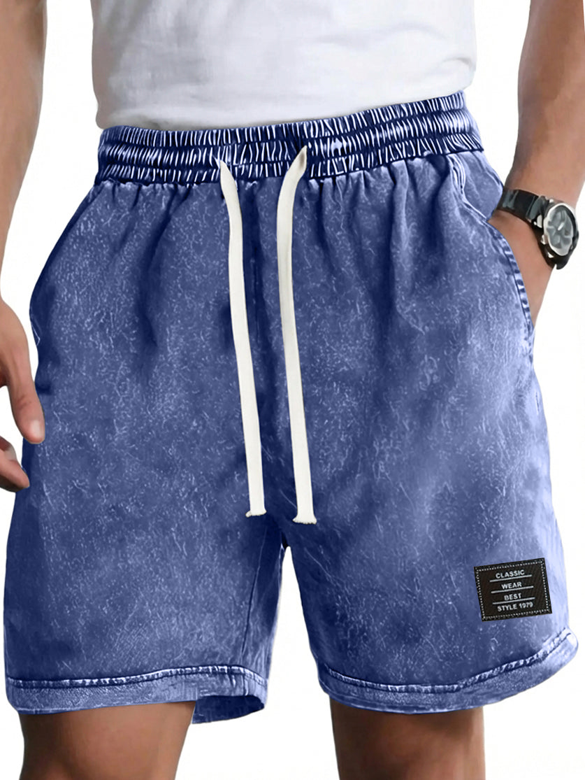 Men's Vintage Washed Distressed Cotton Embroidered Logo Multi-pocket Shorts
