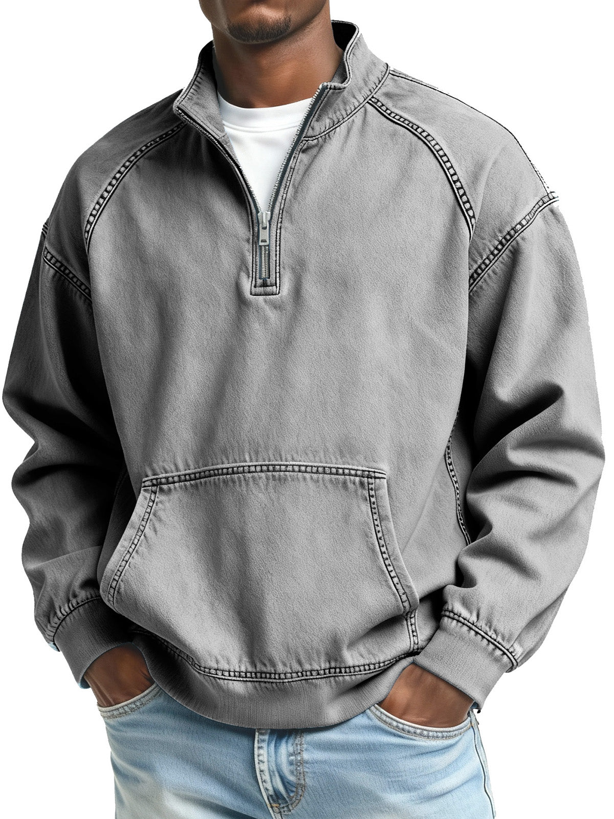 Men's Fashionable Retro Stand Collar Raglan Pocket Long Sleeve Top