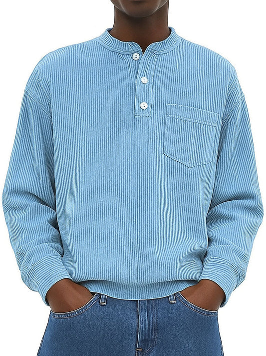 Men's Fashion Casual Ribbed Fabric Stand Collar Long Sleeve Henley Shirt