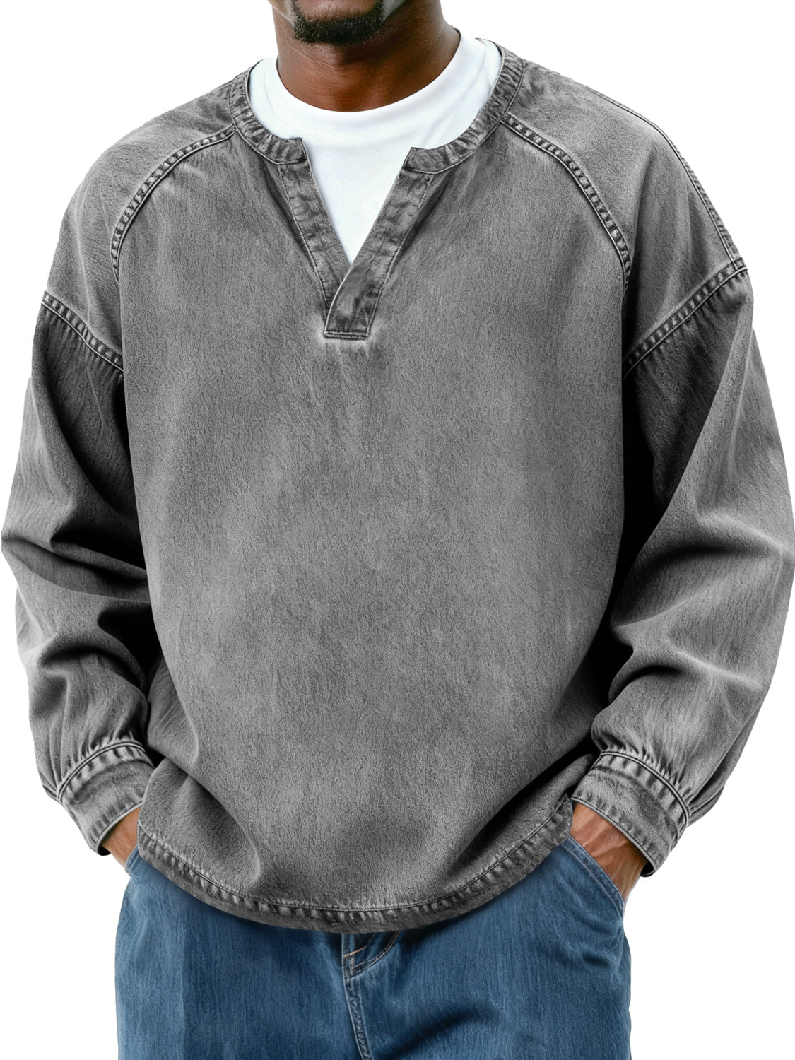 Men's Retro Faux Two-Piece Raglan Patchwork Casual Long-Sleeve T-Shirt