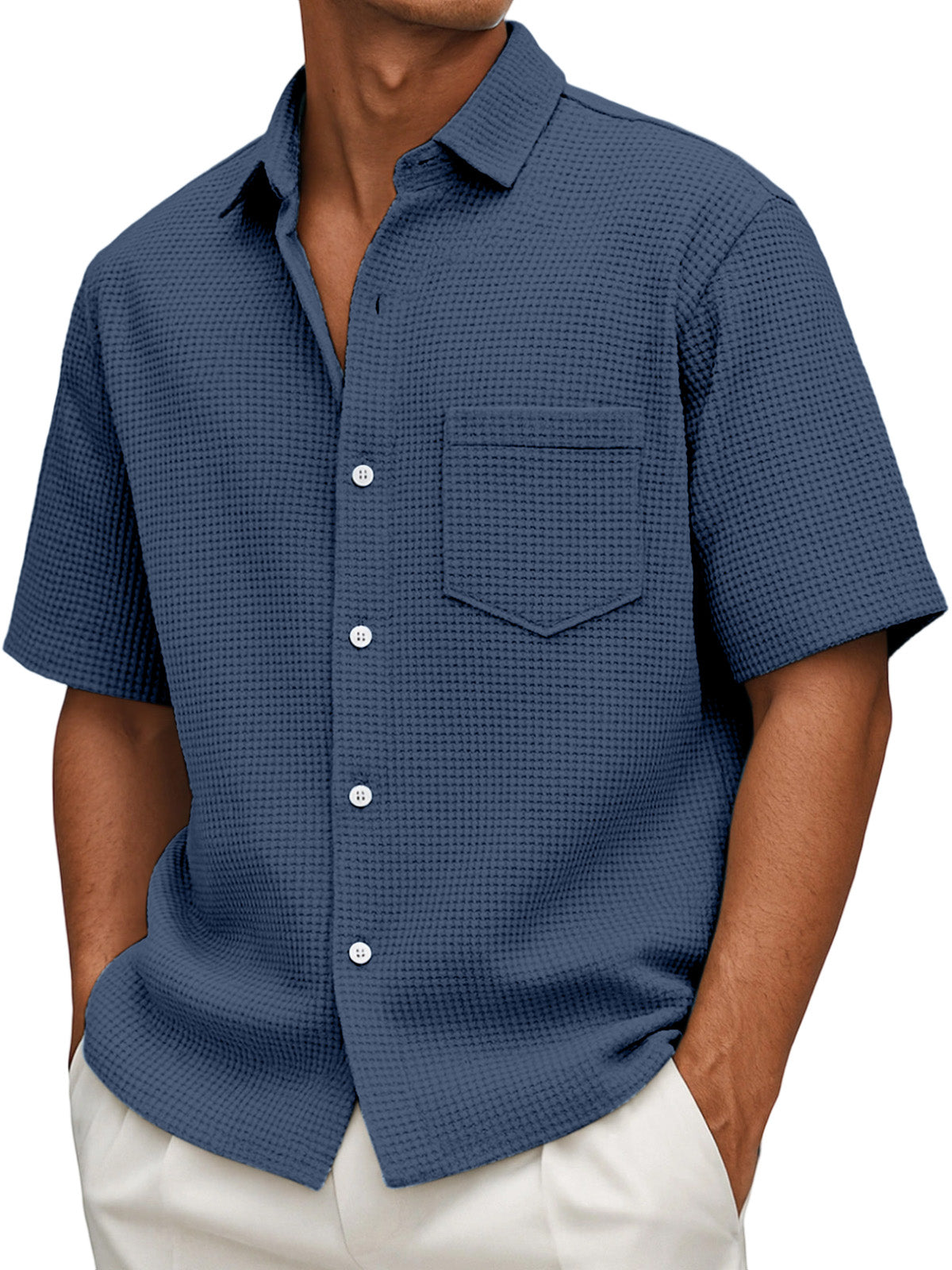 Men's Loose Casual Waffle Solid Color Button Short Sleeve Shirt