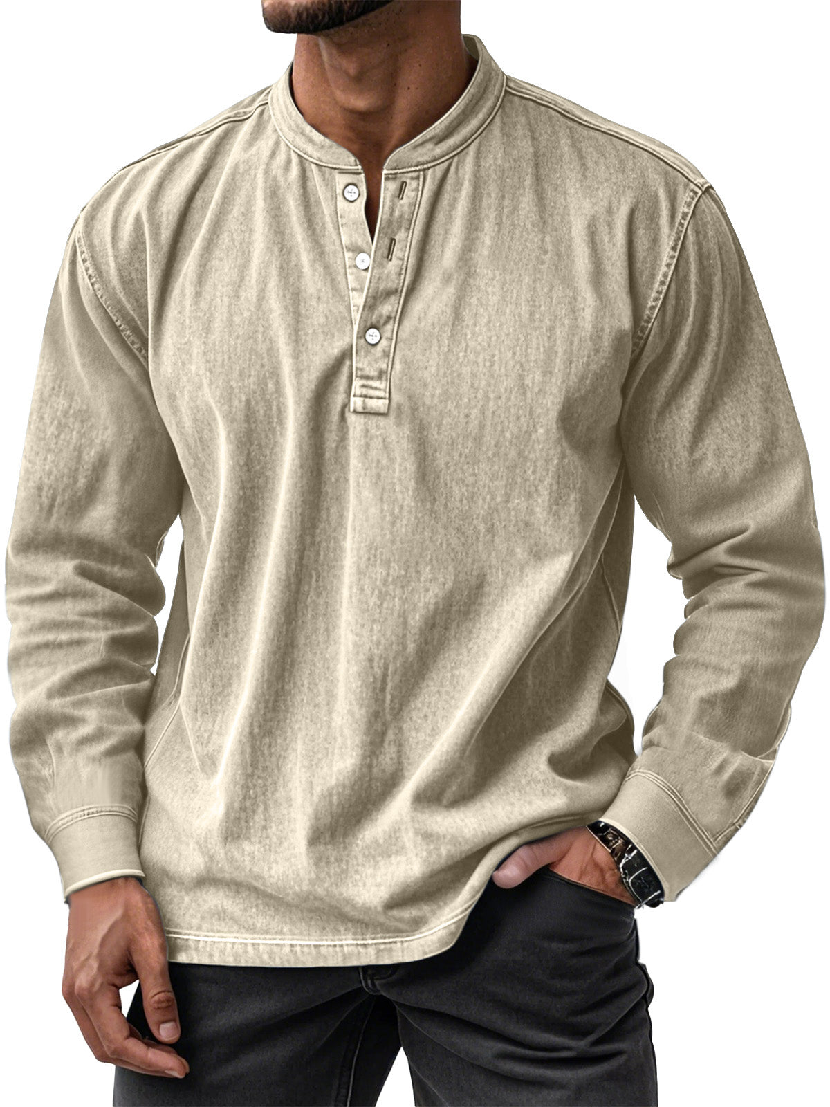 Men's Retro Casual Solid Color Long Sleeve Henley Shirt