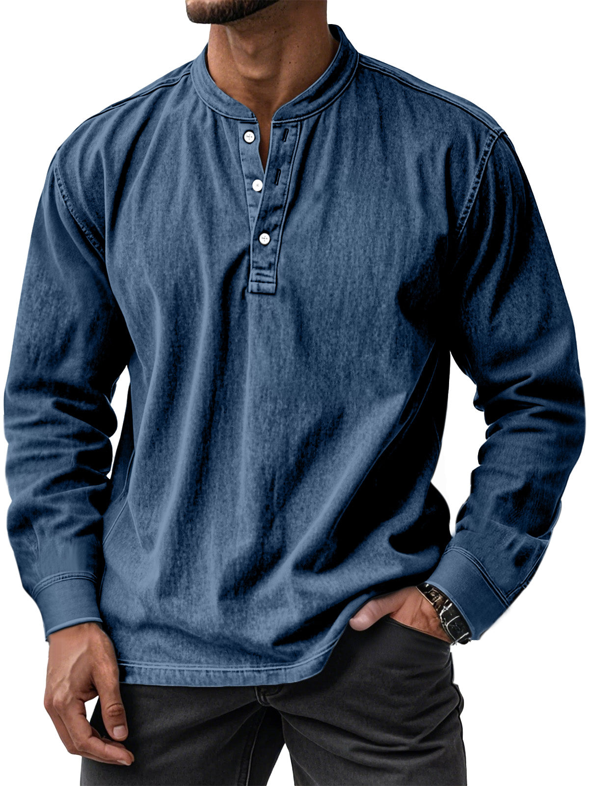 Men's Retro Casual Solid Color Long Sleeve Henley Shirt
