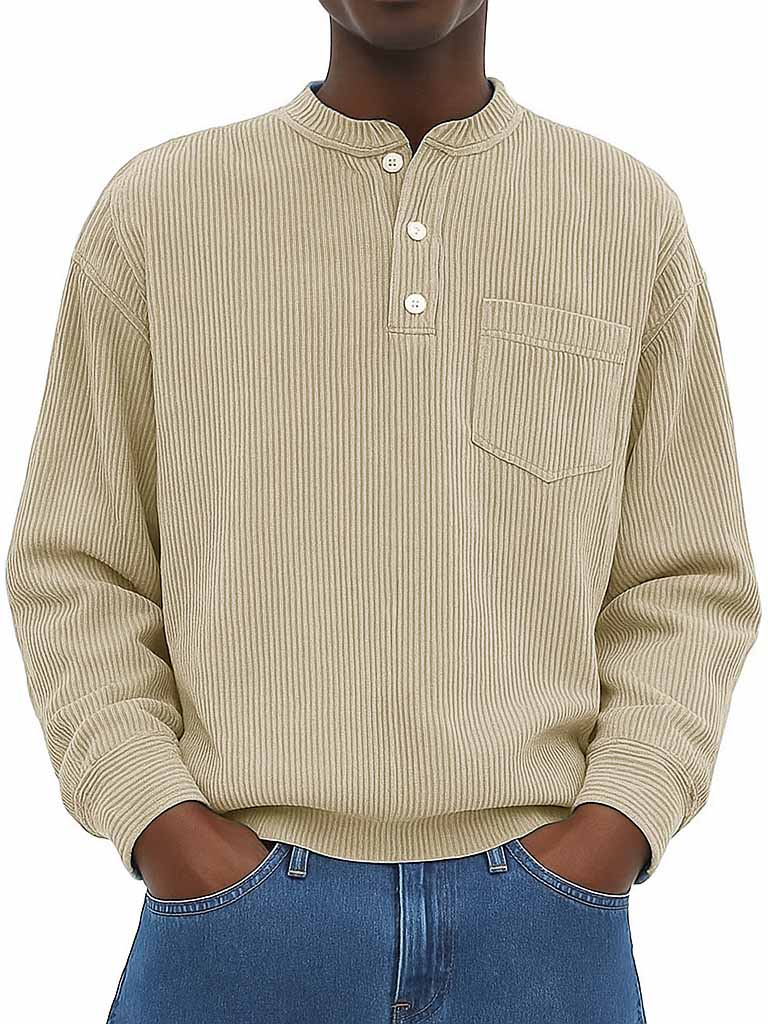 Men's Fashion Casual Ribbed Fabric Stand Collar Long Sleeve Henley Shirt