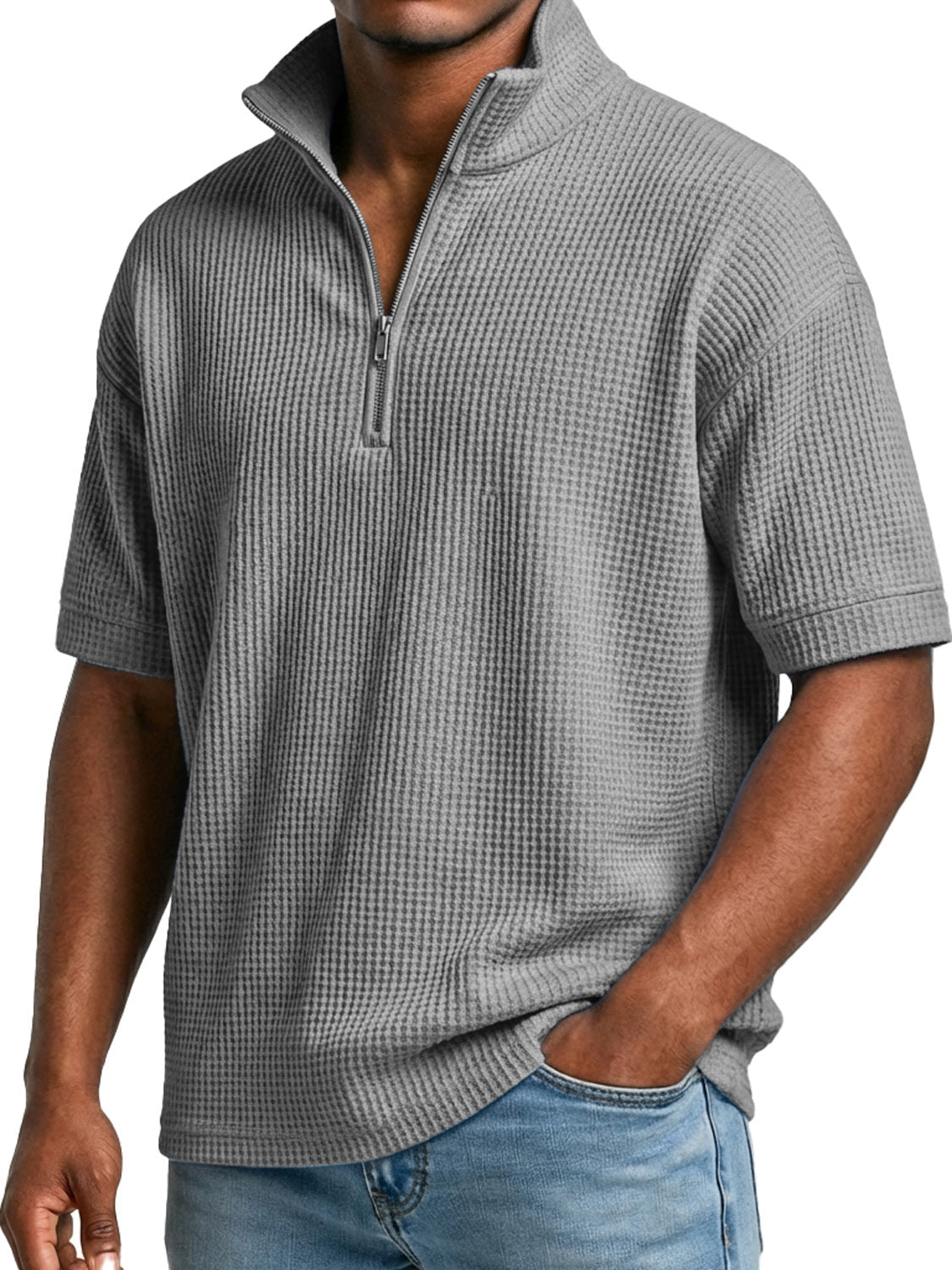 Men's Waffle-knit Simple Stand-collar Zip-up Casual Short-sleeved T-shir
