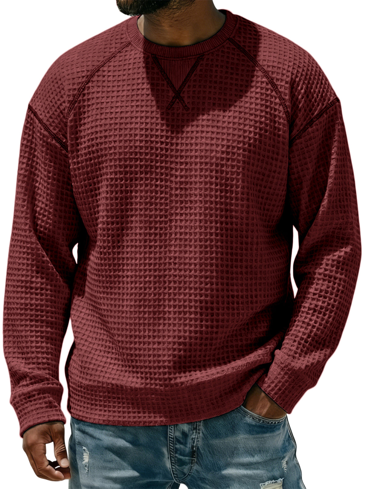 Men's Breathable Waffle Textured Raglan Sleeve Basic Pullover T-shirt