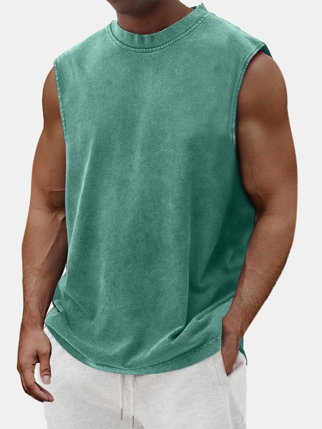 Men's Cotton Basic Washed Distressed Round Neck Sleeveless T-shirt