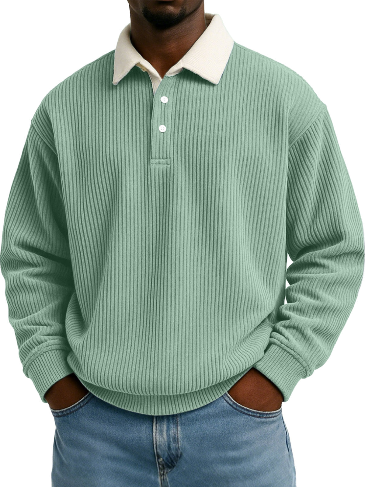 Men's Solid Color Vertical Strip Texture Contrast Color Long Sleeve Lapel Sweatshirt