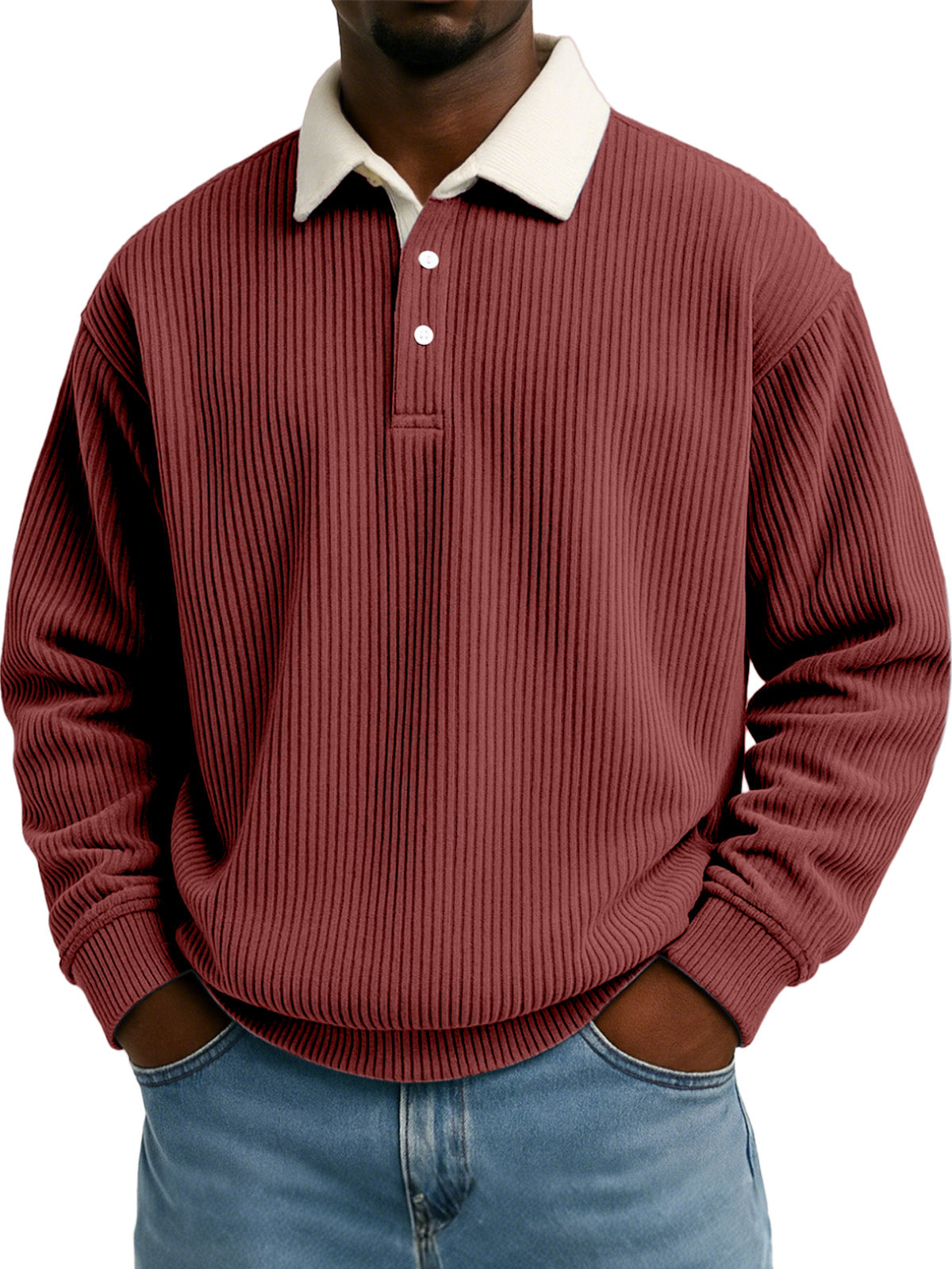 Men's Solid Color Vertical Strip Texture Contrast Color Long Sleeve Lapel Sweatshirt