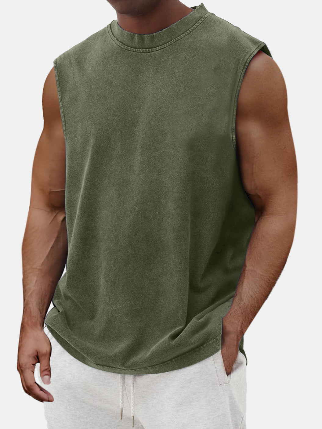 Men's Cotton Basic Washed Distressed Round Neck Sleeveless T-shirt