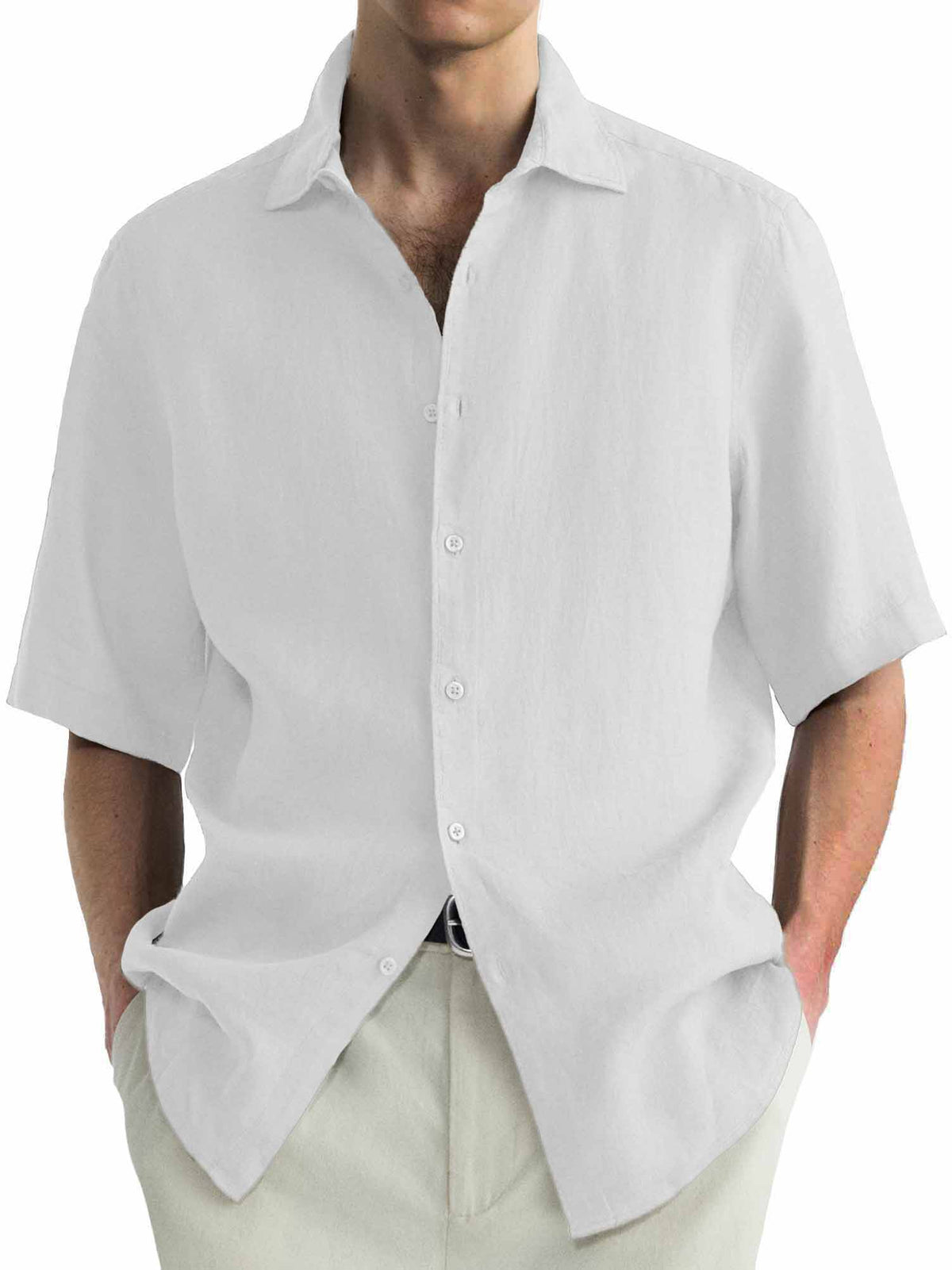 Men's Cotton Hawaiian  Summer Comfortable Casual Basic Solid Color Short Sleeve Shirt