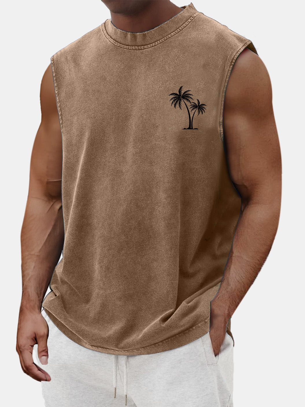Men's Vintage Cotton Washed Coconut Palm Tree Print Round Neck Sleeveless T-shirt