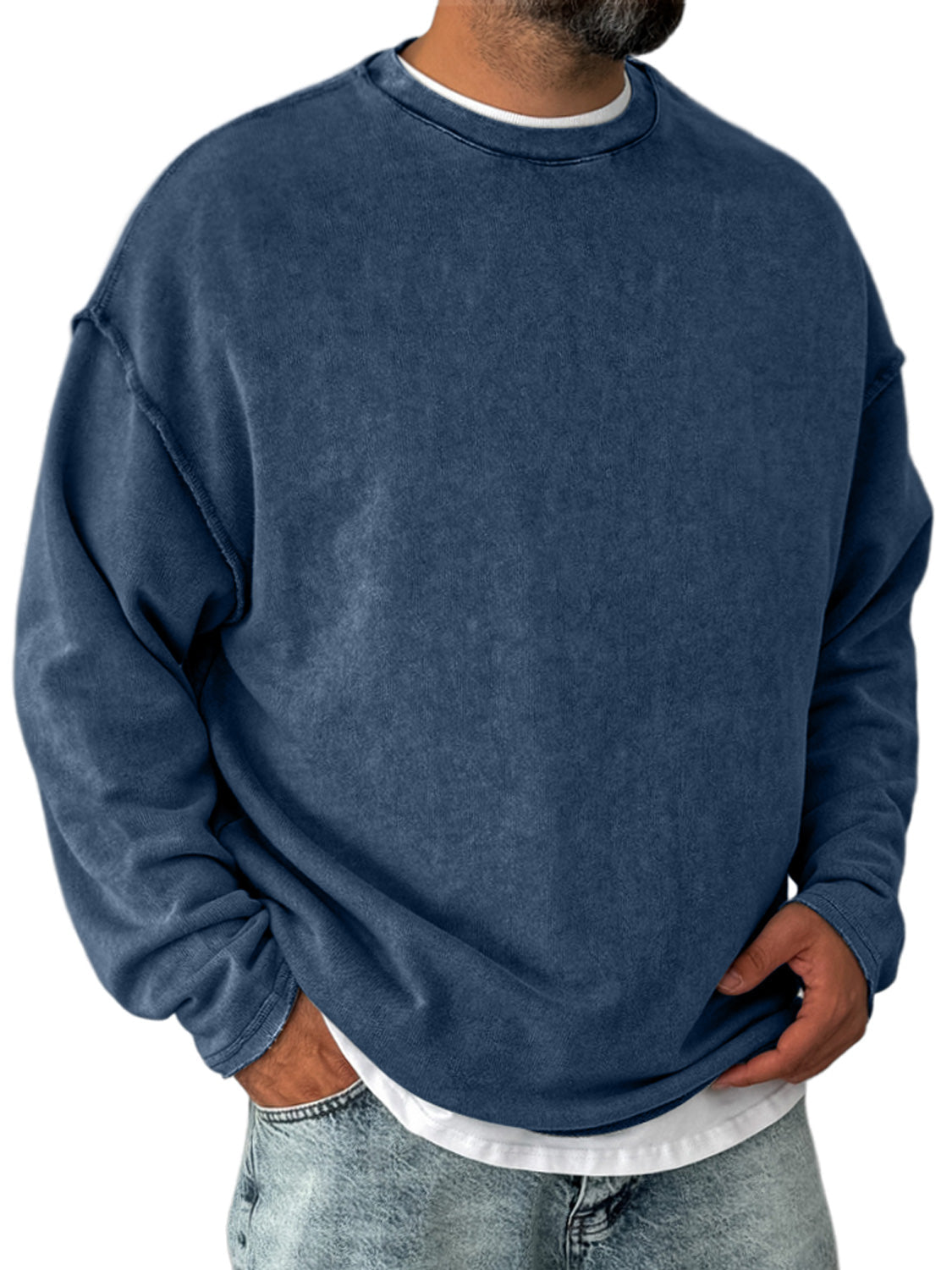 Men's Retro Round Neck Distressed Casual Comfortable Long Sleeve T-shirt