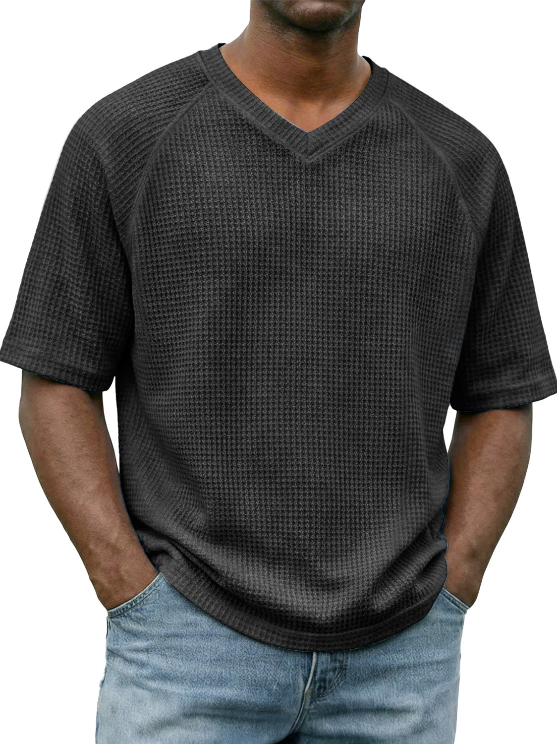 Men's Waffle-knit V-neck Raglan Sleeve Casual Solid Color Short-sleeved Shirt