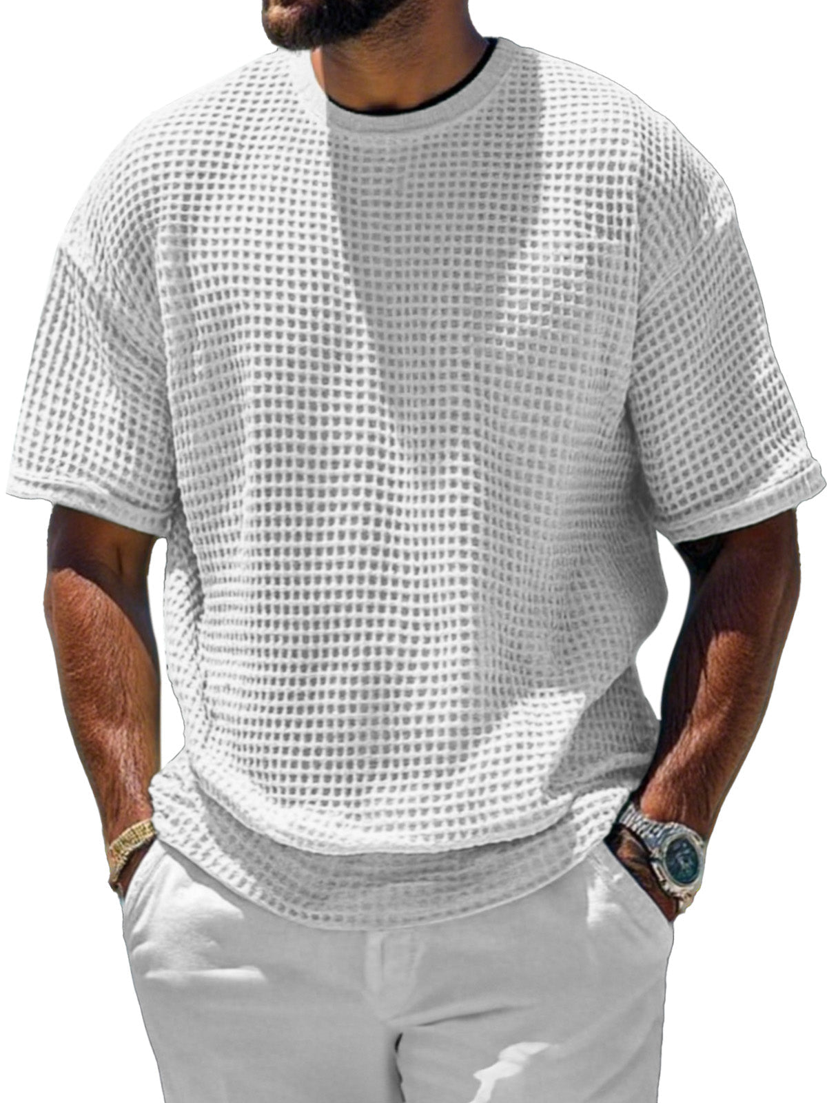 Men's Casual And Comfortable Short-sleeved Solid Color Waffle Round Neck T-shirt
