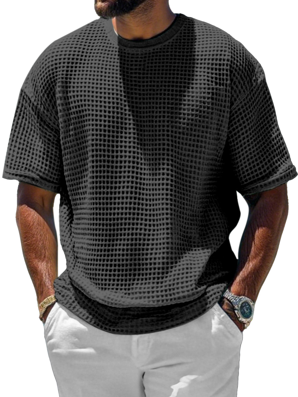 Men's Casual And Comfortable Short-sleeved Solid Color Waffle Round Neck T-shirt