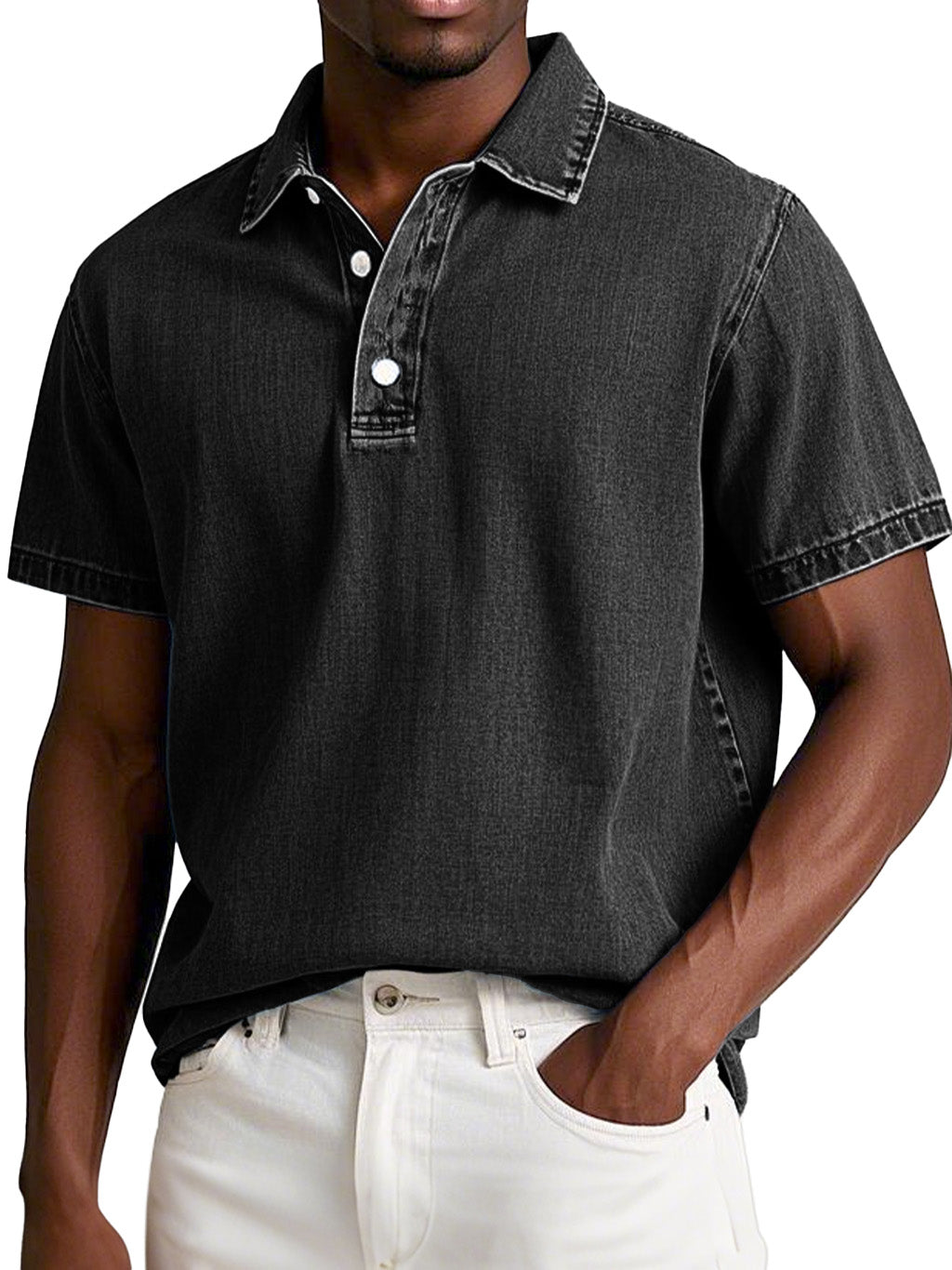 Men's Fashion Retro Washed Distressed Cotton Lapel Short Sleeve Polo Shirt