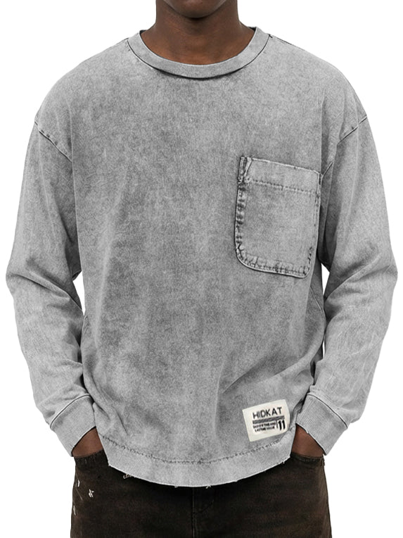 Men's Vintage Washed And Distressed Cotton Long Sleeved T-shirt