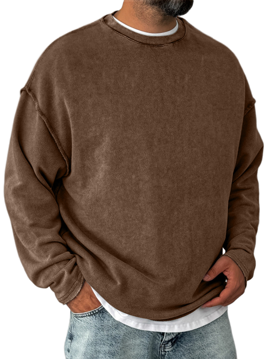 Men's Retro Round Neck Distressed Casual Comfortable Long Sleeve T-shirt