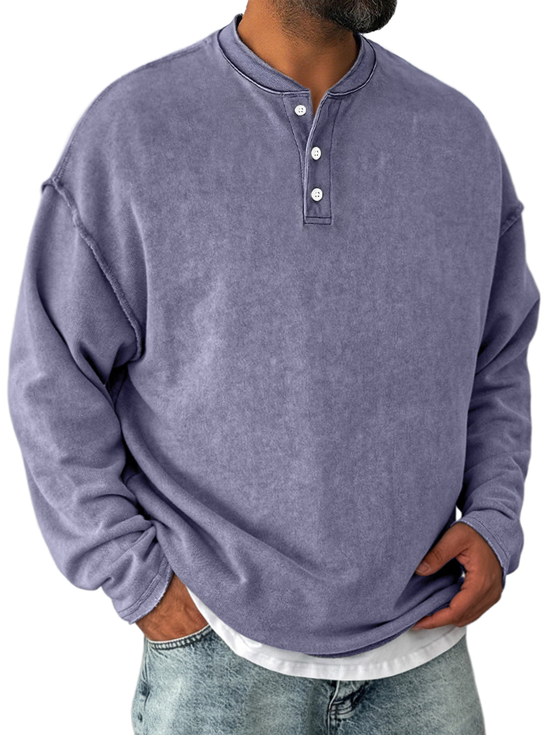Men's Retro Casual Stand Collar Button-Down Long Sleeve Henley Shirt