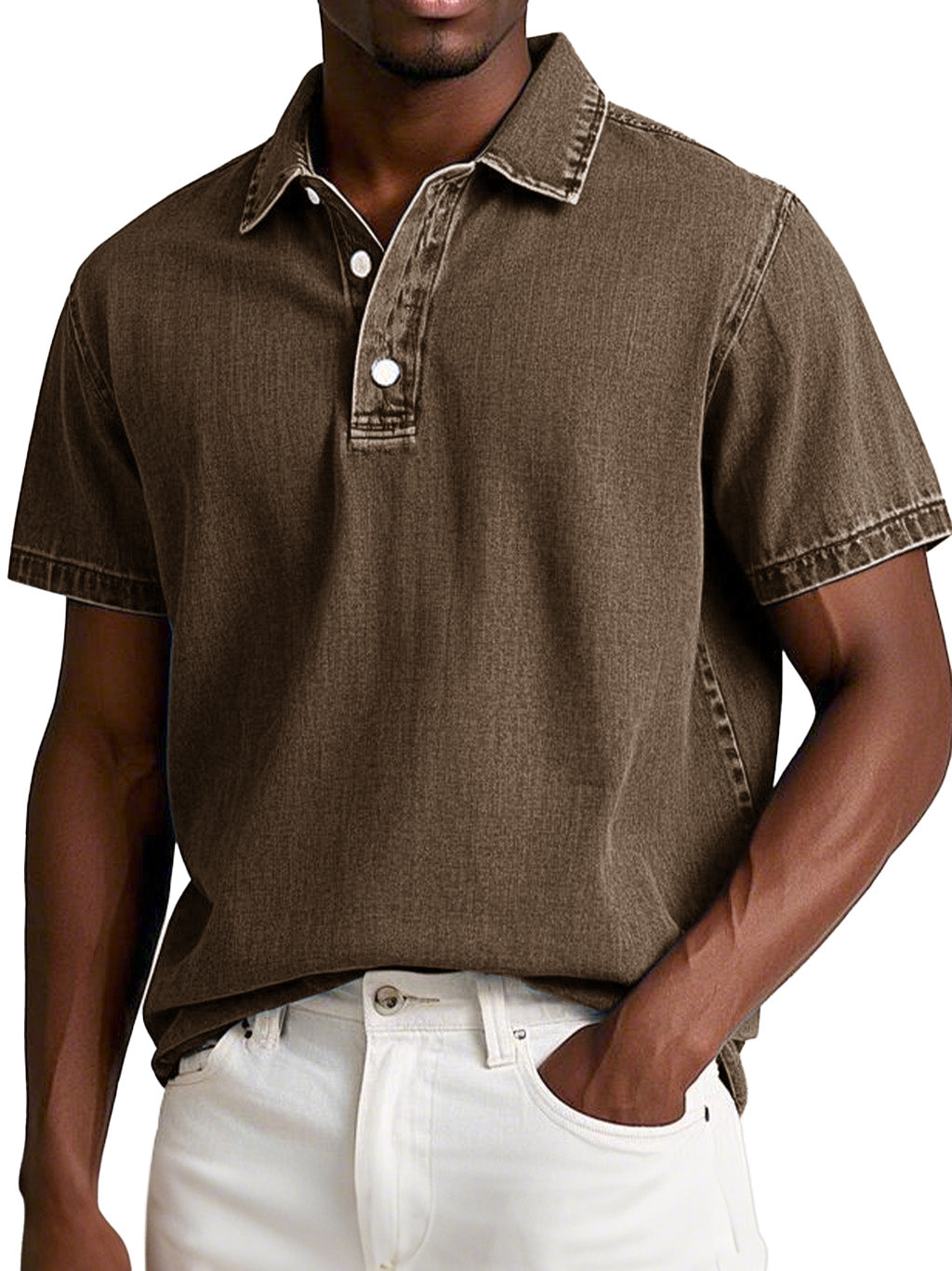 Men's Fashion Retro Washed Distressed Cotton Lapel Short Sleeve Polo Shirt