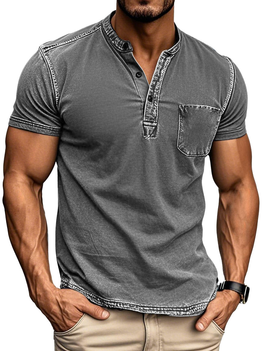 Men's Vintage Outdoor Distressed Short Sleeve Pocket Henley Shirt 