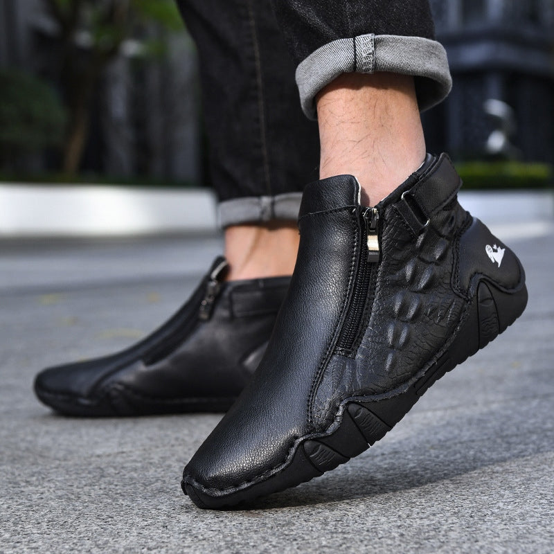 Men’s Genuine Leather Zipper Boots – Casual Slip-On High-Top Boots
