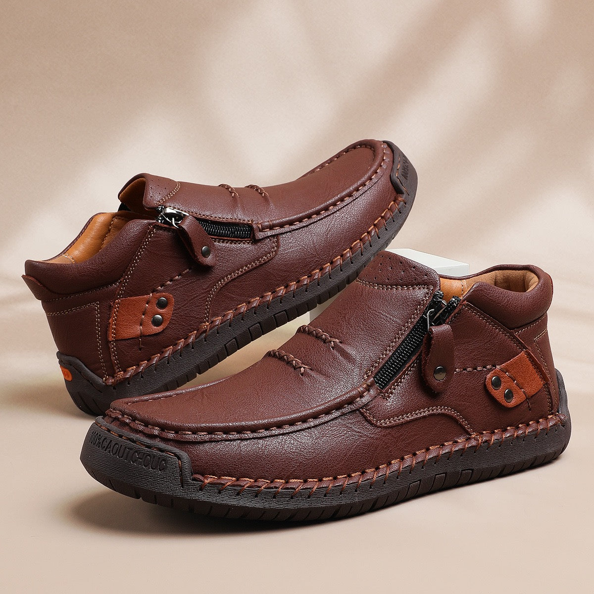 Men's Handmade Leather Boots with Arch Support & Wide Toe Box | Easy Zip Design