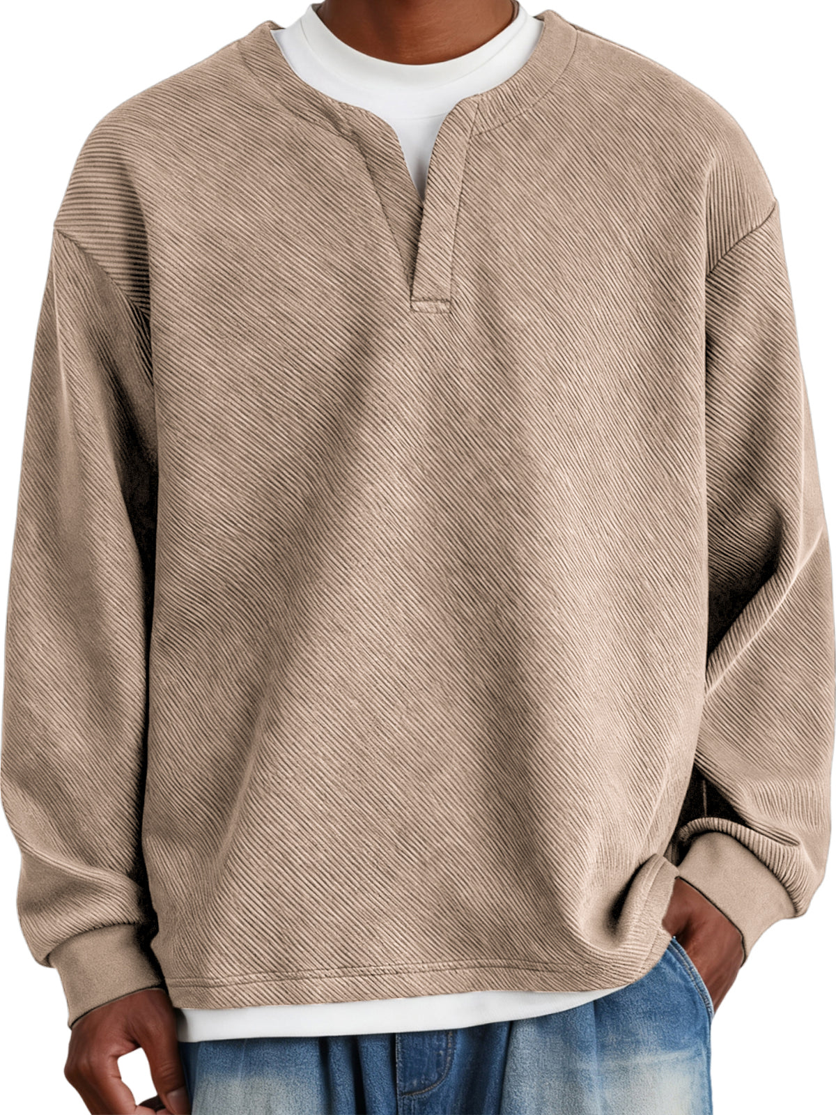 Men's Faux Two-Piece Heavyweight Twill V-Neck Pullover