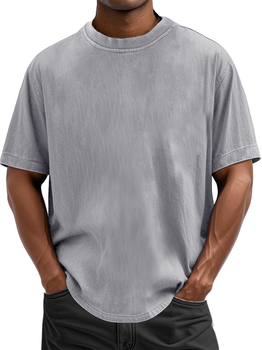 Men's 100% Cotton Casual Basic Versatile Washed Distressed Retro Short-sleeved T-shirt