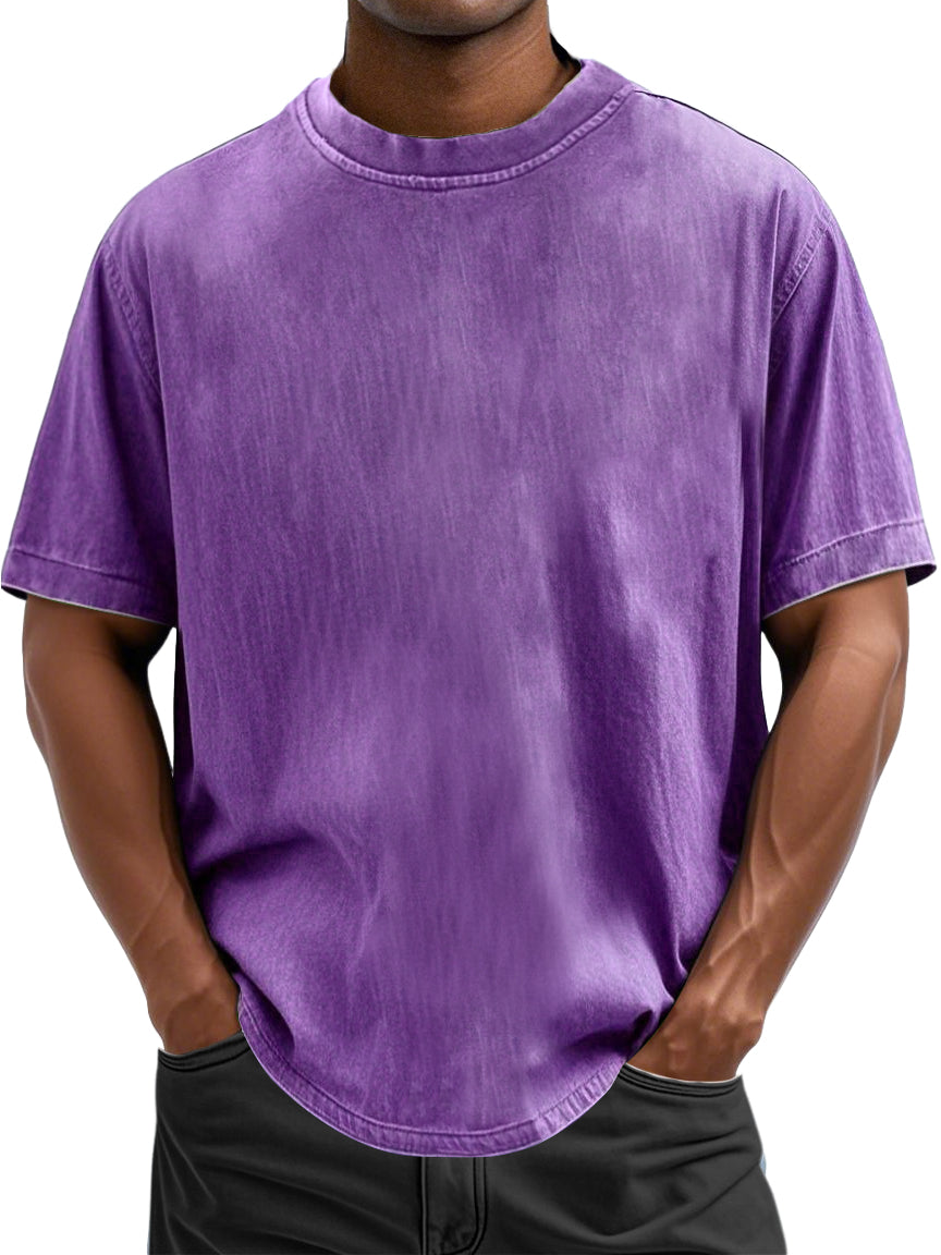 Men's 100% Cotton Casual Basic Versatile Washed Distressed Retro Short-sleeved T-shirt