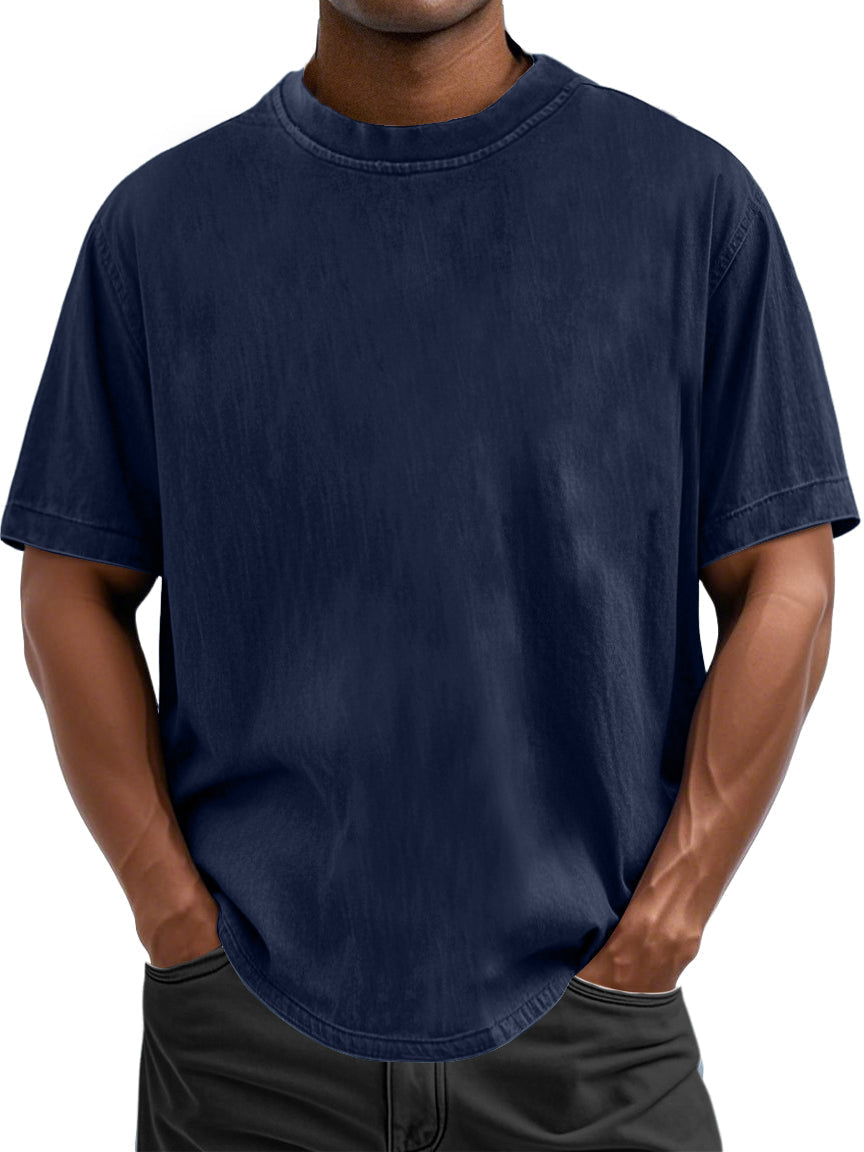 Men's 100% Cotton Casual Basic Versatile Washed Distressed Retro Short-sleeved T-shirt