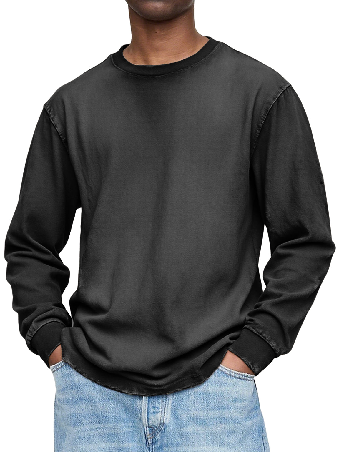 Men's Vintage Washed And Distressed Cotton Crew Neck Long Sleeved T-shirt