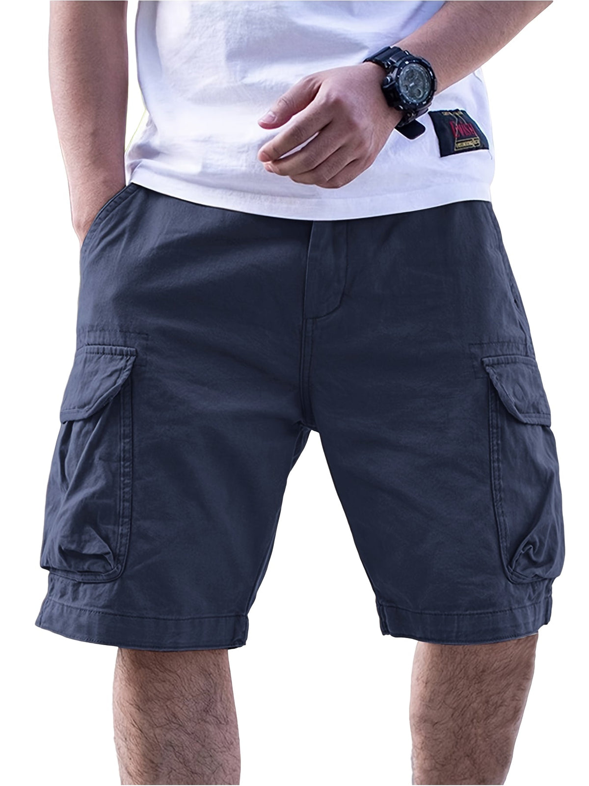 Men's Casual Loose-Fit Cargo Shorts with Multiple Pockets Solid Color Mid-Rise Elastic Waist Drawstring