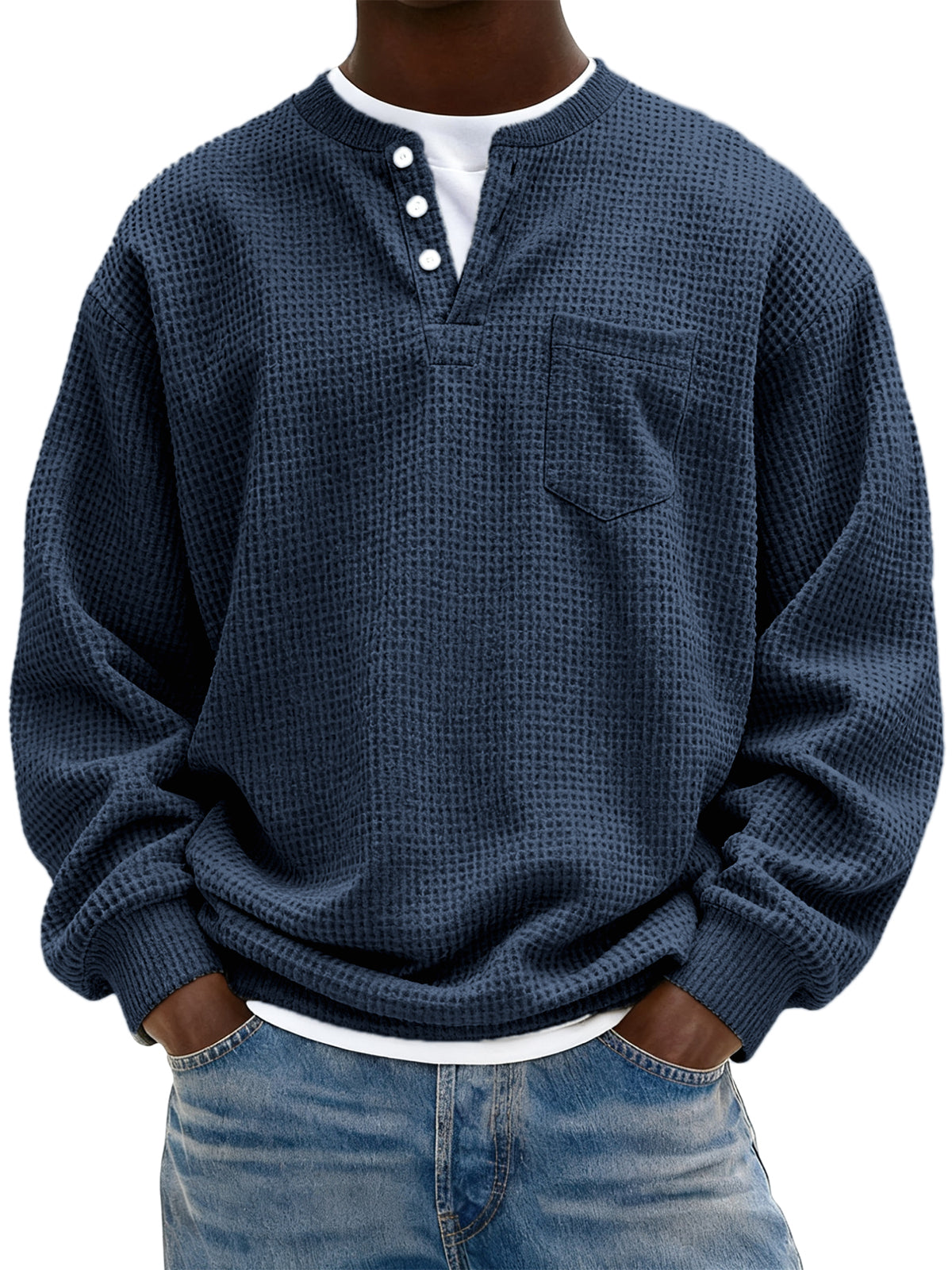 Men's Simple Waffle Henley Pullover with Chest Pocket