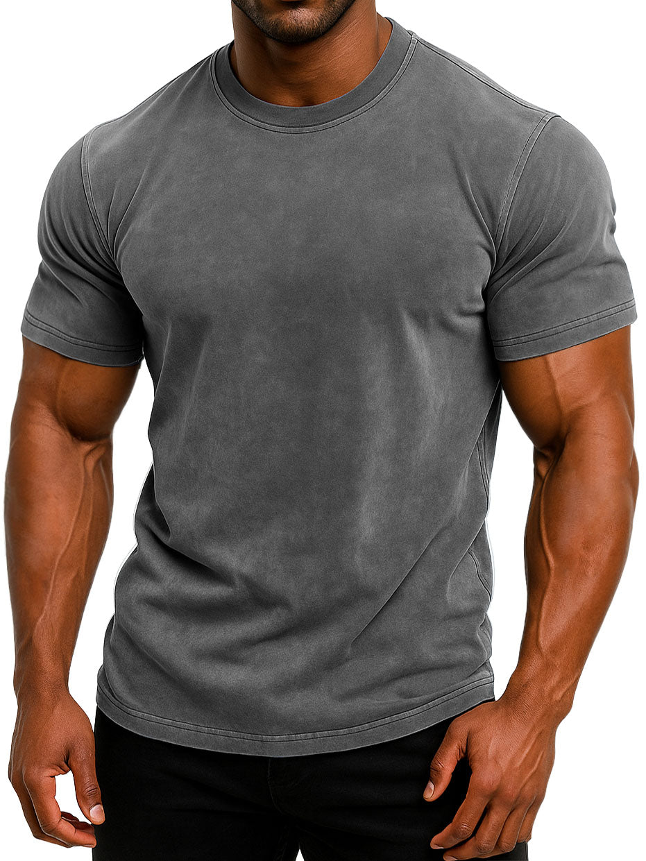 Men's 100% Cotton Retro Washed And Distressed Daily Slim Fit Short-sleeved T-shirt