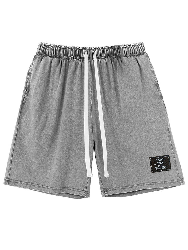 Men's Vintage Washed Distressed Cotton Embroidered Logo Multi-pocket Shorts