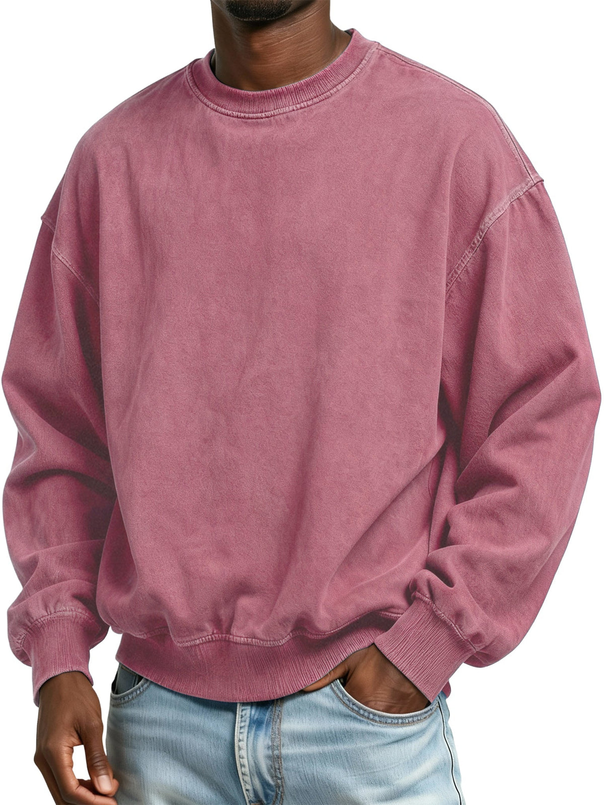 Men's Vintage Washed Distressed Batik Cotton Crew Neck Long Sleeve Sweatshirt