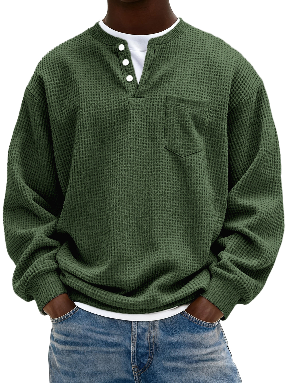 Men's Simple Waffle Henley Pullover with Chest Pocket