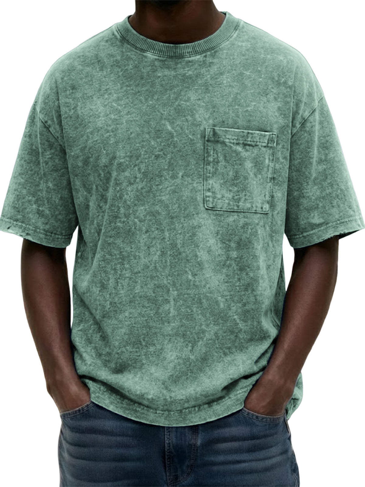 Men's Heavyweight Pure Cotton Washed Distressed Vintage Short-Sleeve T-Shirt with Chest Pocket