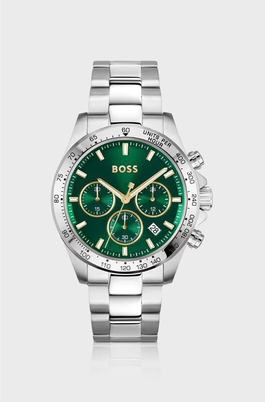 SILVER-TONE CHRONOGRAPH WATCH WITH GREEN DIAL