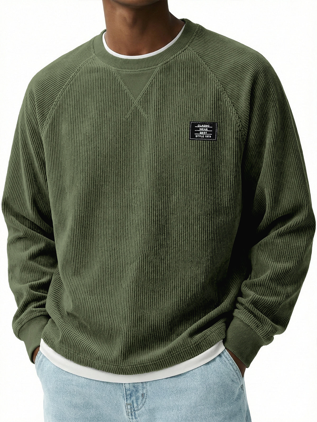 Corduroy Raglan Crew Neck Pullover Top with Stitched Embroidery Design