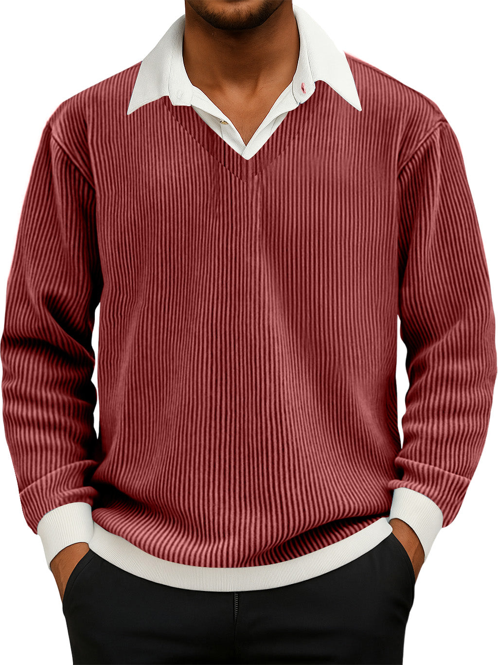 Men's Casual Faux Two-Piece Ribbed Shirt Collar Long Sleeve Sweatshirt