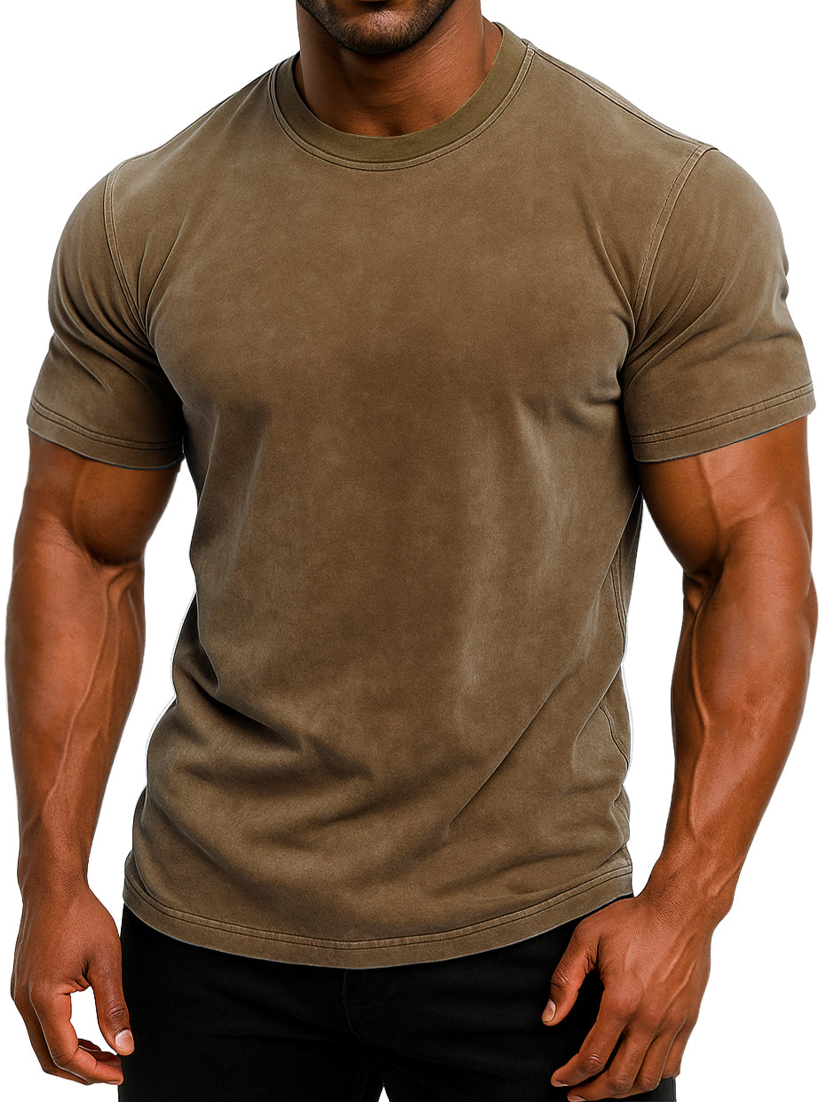 Men's 100% Cotton Retro Washed And Distressed Daily Slim Fit Short-sleeved T-shirt