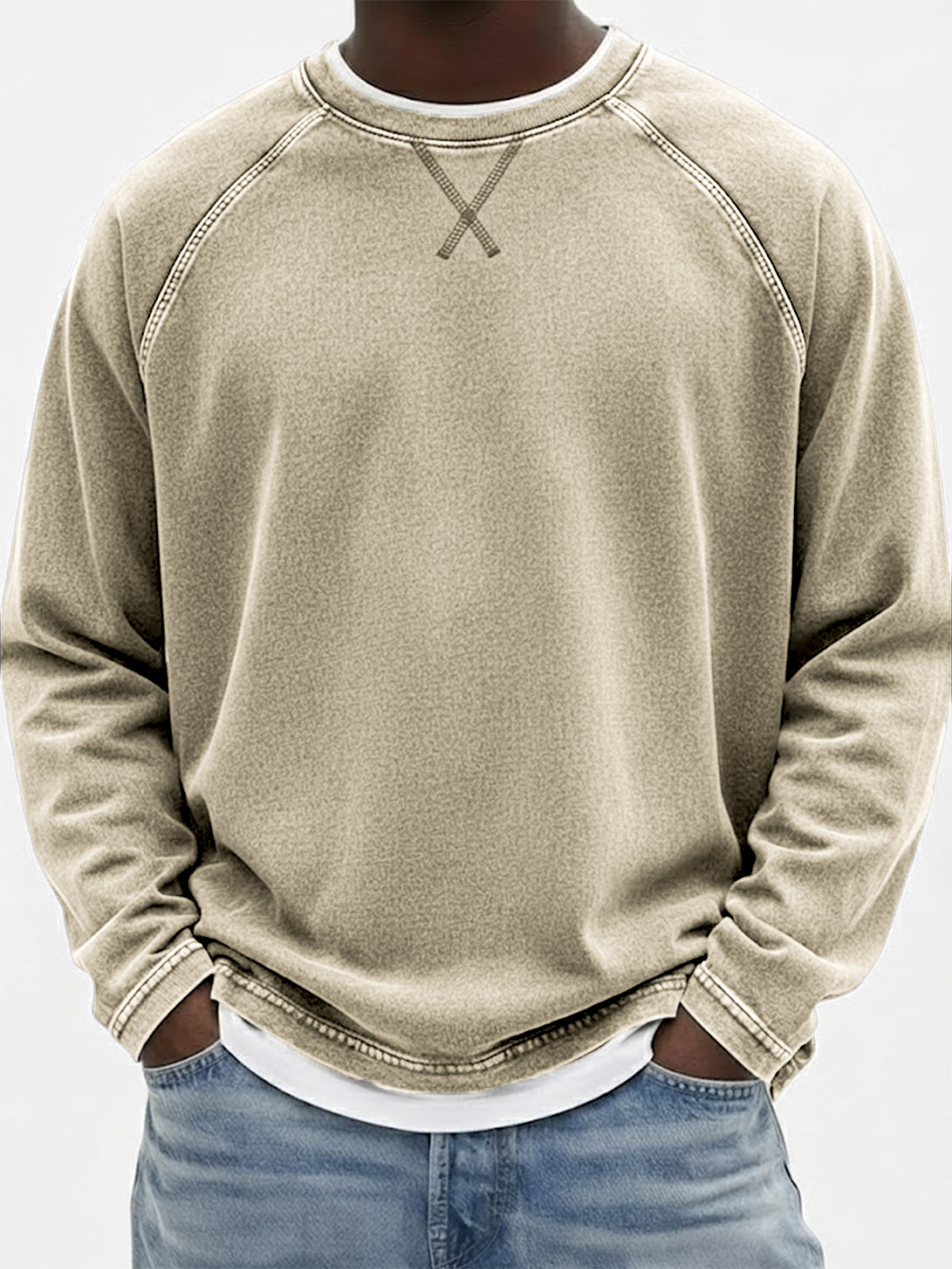 Men's Vintage Dyed Raglan Embroidered Patchwork Pullover Casual T-Shirt