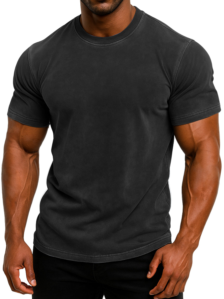 Men's 100% Cotton Retro Washed And Distressed Daily Slim Fit Short-sleeved T-shirt